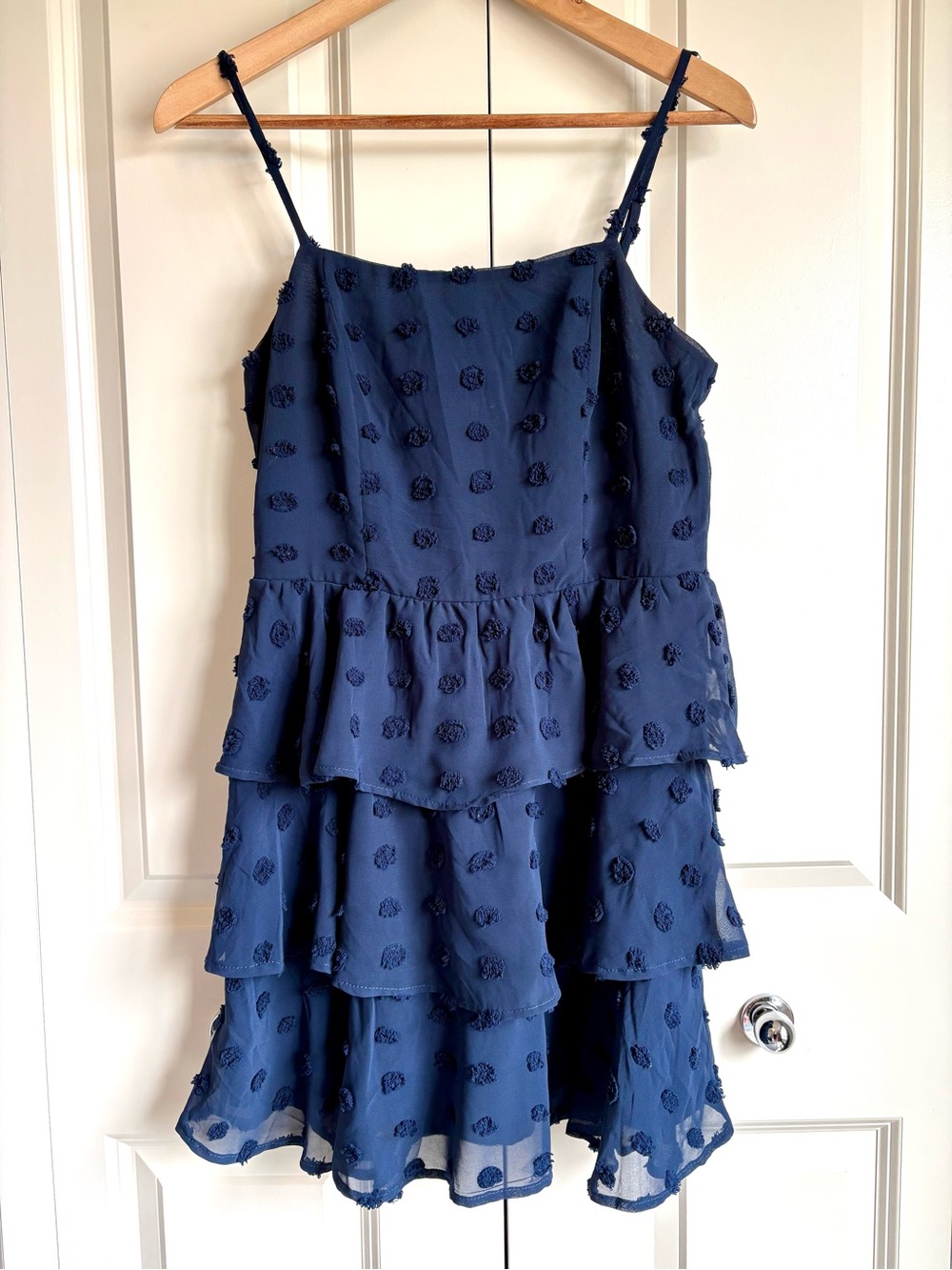 Altar'd State Navy Blue Tiered Clip-Dot Mini Dress size Medium Textured Ruffle
